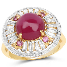 Load image into Gallery viewer, 14K Yellow Gold Plated 8.91 Carat Genuine Glass Filled Ruby, Rhodolite &amp; White Topaz .925 Sterling Silver Ring
