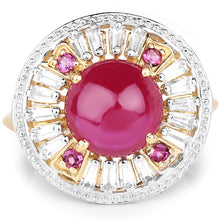 Load image into Gallery viewer, 14K Yellow Gold Plated 8.91 Carat Genuine Glass Filled Ruby, Rhodolite &amp; White Topaz .925 Sterling Silver Ring

