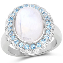 Load image into Gallery viewer, 7.21 Carat Genuine White Rainbow Moonstone &amp; Swiss Blue Topaz .925 Sterling Silver Ring
