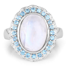 Load image into Gallery viewer, 7.21 Carat Genuine White Rainbow Moonstone &amp; Swiss Blue Topaz .925 Sterling Silver Ring
