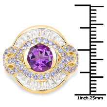 将图片加载到图库查看器，14K Yellow Gold Plated 3.93 Carat Genuine Amethyst, Tanzanite and White Topaz .925 Sterling Silver Ring
