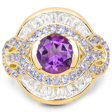 将图片加载到图库查看器，14K Yellow Gold Plated 3.93 Carat Genuine Amethyst, Tanzanite and White Topaz .925 Sterling Silver Ring
