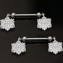 Load image into Gallery viewer, 14G 5/8 Winter Snowflake Dangle Barbell Nipple Ring Set
