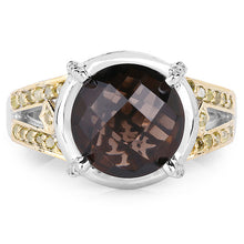 Load image into Gallery viewer, 3.28 Carat Genuine Smoky Quartz, Yellow Diamond &amp; White Diamond .925 Sterling Silver Ring
