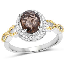 Load image into Gallery viewer, 1.90 Carat Genuine Smoky Quartz, Yellow Diamond &amp; White Diamond .925 Sterling Silver Ring
