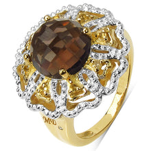 Load image into Gallery viewer, 14K Yellow Gold Plated 3.23 Carat Genuine Smoky Quartz, Citrine &amp; White Diamond .925 Sterling Silver Ring
