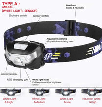 Load image into Gallery viewer, Rechargeable Adjustable  LED USB Headlight Powerfull Elastic High Lumens Headband Headlamp Motion Sensor Flashlight For Adults Kids Running Camping Hiking Camping
