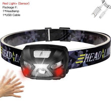 Load image into Gallery viewer, Rechargeable Adjustable  LED USB Headlight Powerfull Elastic High Lumens Headband Headlamp Motion Sensor Flashlight For Adults Kids Running Camping Hiking Camping
