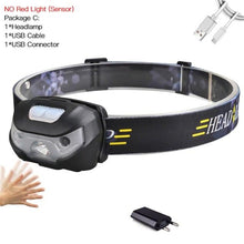 Load image into Gallery viewer, Rechargeable Adjustable  LED USB Headlight Powerfull Elastic High Lumens Headband Headlamp Motion Sensor Flashlight For Adults Kids Running Camping Hiking Camping
