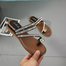 Load image into Gallery viewer, Rhinestones Women Sandals Flip Flops Summer Leather Crystal Slippers Sandals For Women Casual Summer Flat Rhinestone Crystal Sandal Slippers Comfy Beach Shoes Flip Flops
