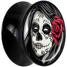 Load image into Gallery viewer, Black Acrylic Katrina Sugar Skull with Rose Flower Saddle Plug Set 9/16

