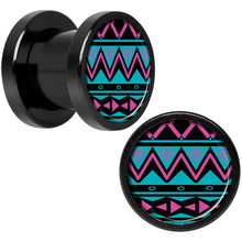 Load image into Gallery viewer, Pink Teal Tribal Print Black Anodized Screw Fit Plug Set 0G
