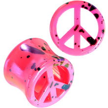 Load image into Gallery viewer, Black Speckled Pink Acrylic Peace Sign Saddle Plug Set 10mm to 20mm
