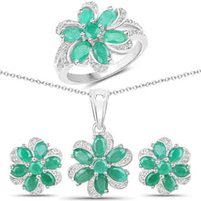 Load image into Gallery viewer, 7.84 Carat Genuine Emerald and White Topaz .925 Sterling Silver 3 Piece Jewelry Set (Ring, Earrings, and Pendant w/ Chain)
