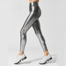 将图片加载到图库查看器，Shape Relaxed Fit Graduated Compression Travel Leggings with Stay in Place Waistband Women's Yoga Pants High Waist Metallic Luster Gym Sportswear Female Legging Tight Pants Shiny Sports Leggings
