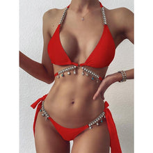 将图片加载到图库查看器，Shiny Diamond Bikini Push Up Halter Swimsuit Female Crystal Swimwear Women Bathing Suit New Women's Crystal Diamond Swimsuit High Cut Bikini Set Straps Two Piece Bathing Suit
