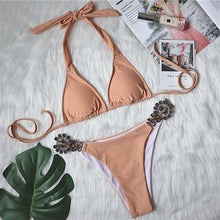 将图片加载到图库查看器，Shiny Diamond Bikini Push Up Halter Swimsuit Female Crystal Swimwear Women Bathing Suit New Women's Crystal Diamond Swimsuit High Cut Bikini Set Straps Two Piece Bathing Suit
