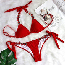 将图片加载到图库查看器，Shiny Diamond Bikini Push Up Halter Swimsuit Female Crystal Swimwear Women Bathing Suit New Women's Crystal Diamond Swimsuit High Cut Bikini Set Straps Two Piece Bathing Suit
