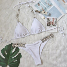 将图片加载到图库查看器，Shiny Diamond Bikini Push Up Halter Swimsuit Female Crystal Swimwear Women Bathing Suit New Women's Crystal Diamond Swimsuit High Cut Bikini Set Straps Two Piece Bathing Suit
