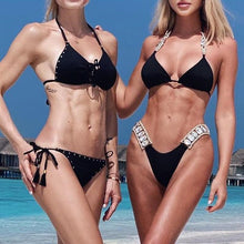 将图片加载到图库查看器，Shiny Diamond Bikini Push Up Halter Swimsuit Female Crystal Swimwear Women Bathing Suit New Women's Crystal Diamond Swimsuit High Cut Bikini Set Straps Two Piece Bathing Suit
