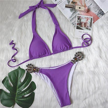将图片加载到图库查看器，Shiny Diamond Bikini Push Up Halter Swimsuit Female Crystal Swimwear Women Bathing Suit New Women's Crystal Diamond Swimsuit High Cut Bikini Set Straps Two Piece Bathing Suit
