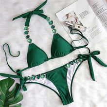 将图片加载到图库查看器，Shiny Diamond Bikini Push Up Halter Swimsuit Female Crystal Swimwear Women Bathing Suit New Women's Crystal Diamond Swimsuit High Cut Bikini Set Straps Two Piece Bathing Suit
