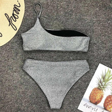 Load image into Gallery viewer, Shiny Glitter Sparkling High Waist Bikini Female Swimsuit Women's Bikini One Shoulder Top With High Waist Bottom Two Piece Swimsuits Women Swimwear Two-pieces Bikini Set One Shoulder Bathing Suit
