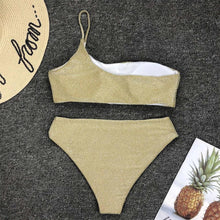 Load image into Gallery viewer, Shiny Glitter Sparkling High Waist Bikini Female Swimsuit Women's Bikini One Shoulder Top With High Waist Bottom Two Piece Swimsuits Women Swimwear Two-pieces Bikini Set One Shoulder Bathing Suit
