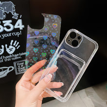 Load image into Gallery viewer, Shiny Holographic Heart Phone Case For iPhone 14 13 Pro Max 11 12 XR 6 7 8 Plus XS X SE 2 Clear Wallet Card Holder Storage Cover Love Heart Pattern Cute Case with Card Holder Soft Cover for iPhone Transparent Phone Case

