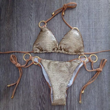Load image into Gallery viewer, Shiny Solid Bikini Swimsuit Halter Swimwear Bathing Suit Women Bling Sequin Bikini Set Beach Wear Women Shiny Bikini Micro String Two Pieces Swimsuit Female Summer Swimwear
