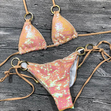 Load image into Gallery viewer, Shiny Solid Bikini Swimsuit Halter Swimwear Bathing Suit Women Bling Sequin Bikini Set Beach Wear Women Shiny Bikini Micro String Two Pieces Swimsuit Female Summer Swimwear

