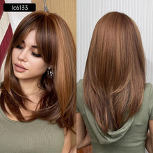Load image into Gallery viewer, Short Straight Ombre Black Brown Synthetic Wigs with Bangs for Women Bob Wig Heat Resistant Lolita Cosplay Daily Wigs For Black Women Cosplay Wigs For Women
