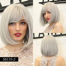 Load image into Gallery viewer, Short Straight Synthetic Brown Mix Gray Hair Cute Bob Wigs with Bangs for White/Black Women Cosplay Party or Daily Wear Wigs For Black Women Cosplay Wigs For Women
