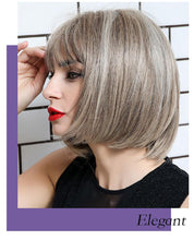 Load image into Gallery viewer, Short Straight Synthetic Brown Mix Gray Hair Cute Bob Wigs with Bangs for White/Black Women Cosplay Party or Daily Wear Wigs For Black Women Cosplay Wigs For Women
