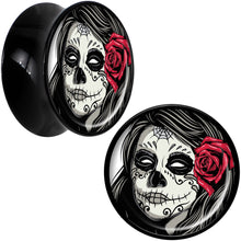 Load image into Gallery viewer, Black Acrylic Katrina Sugar Skull with Rose Flower Saddle Plug Set 20mm
