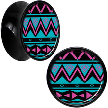 Load image into Gallery viewer, Black Acrylic Pink Teal Tribal Print Saddle Plug Set 9/16
