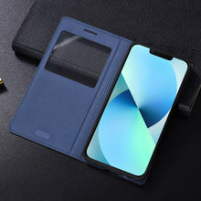 Load image into Gallery viewer, Simple Flip Ultra Thin Window Cover Leather Phone Case For iPhone 14 13 12 11 Pro Mini Luxury Leather Wallet Case Flip Cover Classic Simple iphone case
