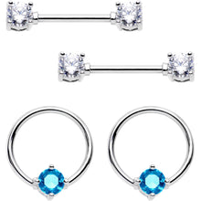 Load image into Gallery viewer, 14G 5/8 Clear Aqua Gem Captive Ring Barbell Nipple Ring Set
