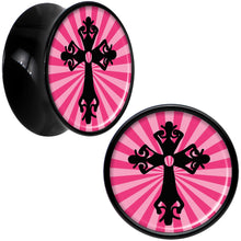 Load image into Gallery viewer, Black Acrylic Pink Black Radiant Cross Saddle Plug Set 9/16
