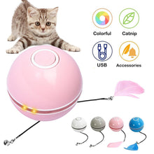 Load image into Gallery viewer, Smart Interactive Cat Toy Colorful LED Self Rotating Ball Bell and Feather Toys USB Rechargeable Cat Kitten Ball Toy Cat Exercise Ball with Feather Bell and Catnip
