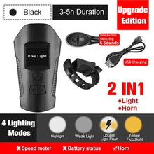 Load image into Gallery viewer, Smart Waterproof Bicycle Light USB Rechargeable Bike Front Light Flashlight With Bike Computer LCD Speedometer Waterproof Bicycles Light And Odometer Horn For Safe Cycling 4 Modes Fits For All Mountain Road Bikes
