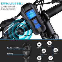 Load image into Gallery viewer, Smart Waterproof Bicycle Light USB Rechargeable Bike Front Light Flashlight With Bike Computer LCD Speedometer Waterproof Bicycles Light And Odometer Horn For Safe Cycling 4 Modes Fits For All Mountain Road Bikes
