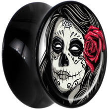 Load image into Gallery viewer, Black Acrylic Katrina Sugar Skull with Rose Flower Saddle Plug Set 5/8
