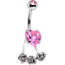 Load image into Gallery viewer, Pink CZ Gem Heart Kissed Rose Flower Dangle Belly Ring
