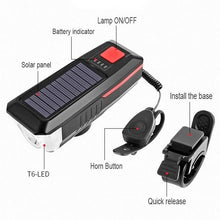 Load image into Gallery viewer, Solar Charging Bicycle Light LED Road Mountain Bike Front Light Waterproof Bicycle Bell Light Rechargeable Headlight Horn Solar Powered USB 3 Mode Bicycle Headlight Combinations Front Light And Bell For Cycling Riding
