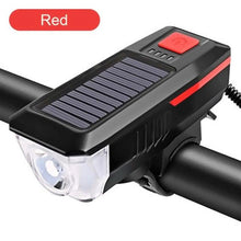 Load image into Gallery viewer, Solar Charging Bicycle Light LED Road Mountain Bike Front Light Waterproof Bicycle Bell Light Rechargeable Headlight Horn Solar Powered USB 3 Mode Bicycle Headlight Combinations Front Light And Bell For Cycling Riding
