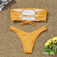 Load image into Gallery viewer, Solid Bikini Swimsuit Women Bikini Set Women Strapless Ribbed  Bikini Set Lace Up High Cut Two Piece Swimsuit Bathing Suit Two Piece Tube Top Swimwear Female Bather Swimming Suit
