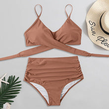 将图片加载到图库查看器，Solid Swimwear Women Top Swimsuit Bikini Solid Push Up High Cut Lace Up Halter Bikini Set Women High Waist Bikini Twist Front Swimsuits Lace Up Bikini Tops 2 Piece Bathing Suits Summer Swimsuit

