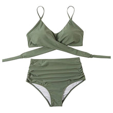 将图片加载到图库查看器，Solid Swimwear Women Top Swimsuit Bikini Solid Push Up High Cut Lace Up Halter Bikini Set Women High Waist Bikini Twist Front Swimsuits Lace Up Bikini Tops 2 Piece Bathing Suits Summer Swimsuit
