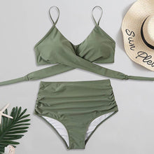 将图片加载到图库查看器，Solid Swimwear Women Top Swimsuit Bikini Solid Push Up High Cut Lace Up Halter Bikini Set Women High Waist Bikini Twist Front Swimsuits Lace Up Bikini Tops 2 Piece Bathing Suits Summer Swimsuit
